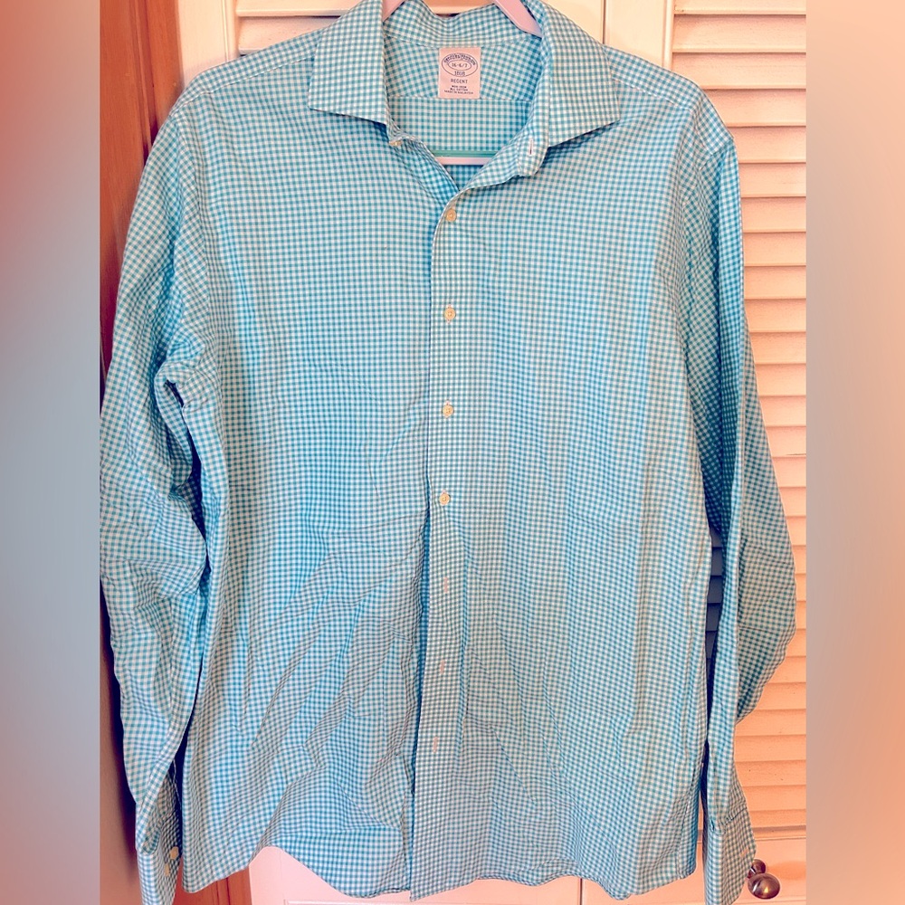 Brooks Brothers Regent Fit turquoise gingham button down shirt